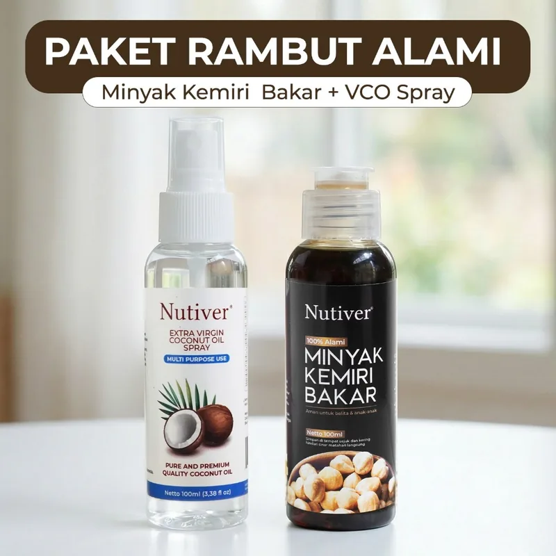 NUTIVER Paket Minyak Kemiri Bakar 100ml + VCO Spray 100ml Penumbuh Rambut Alami Perawatan Rambut