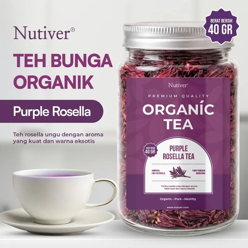 NUTIVER Purple Rosella Tea Organik 40gr | Teh Rosella Ungu Herbal Premium Loose Leaf